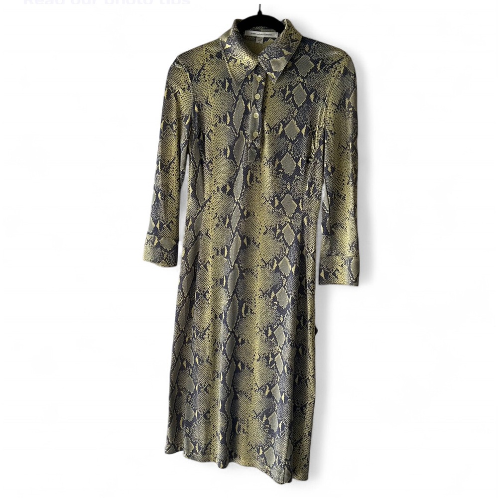 Diane Von Furstenburg Silk Snake Print Collared Shirt Dress